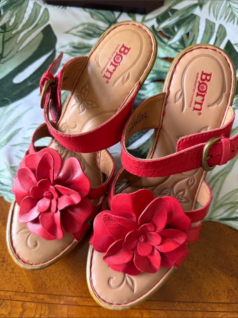 Born Red Floral Leather Buckle Sandals